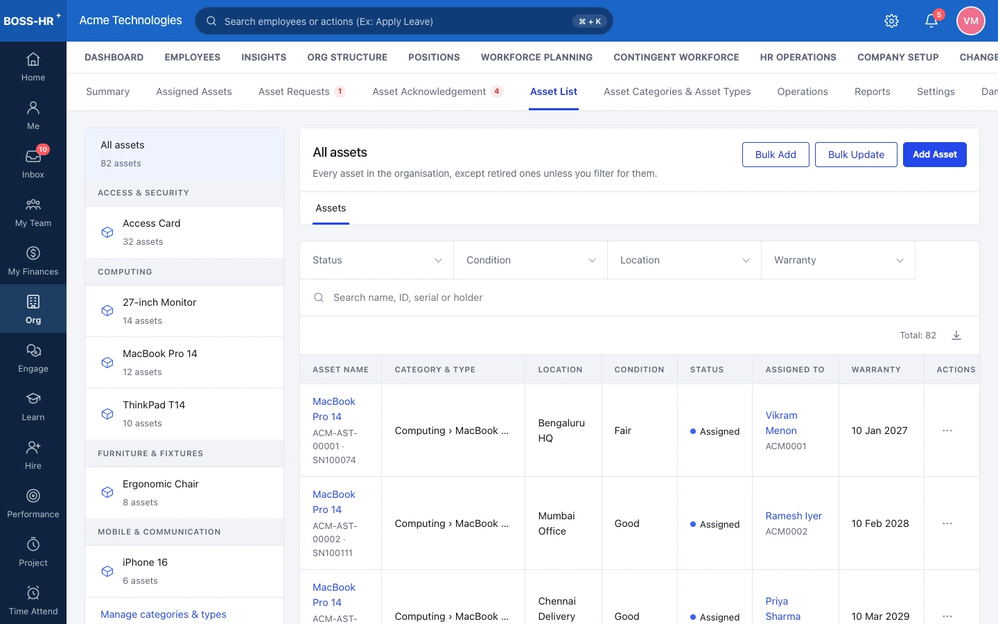 BOSS HRMS Asset inventory screen