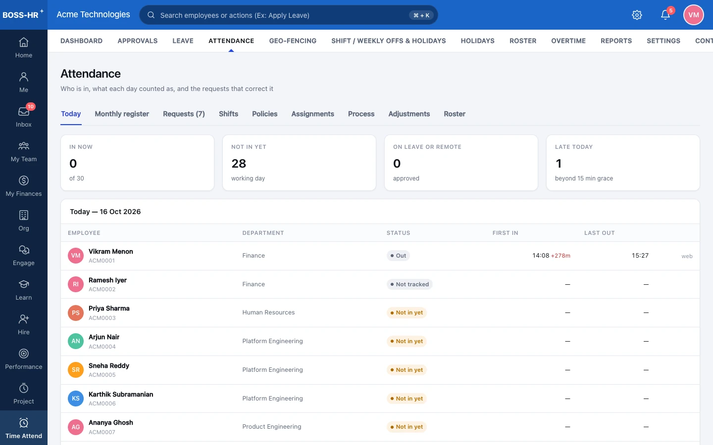 BOSS HRMS Attendance today screen