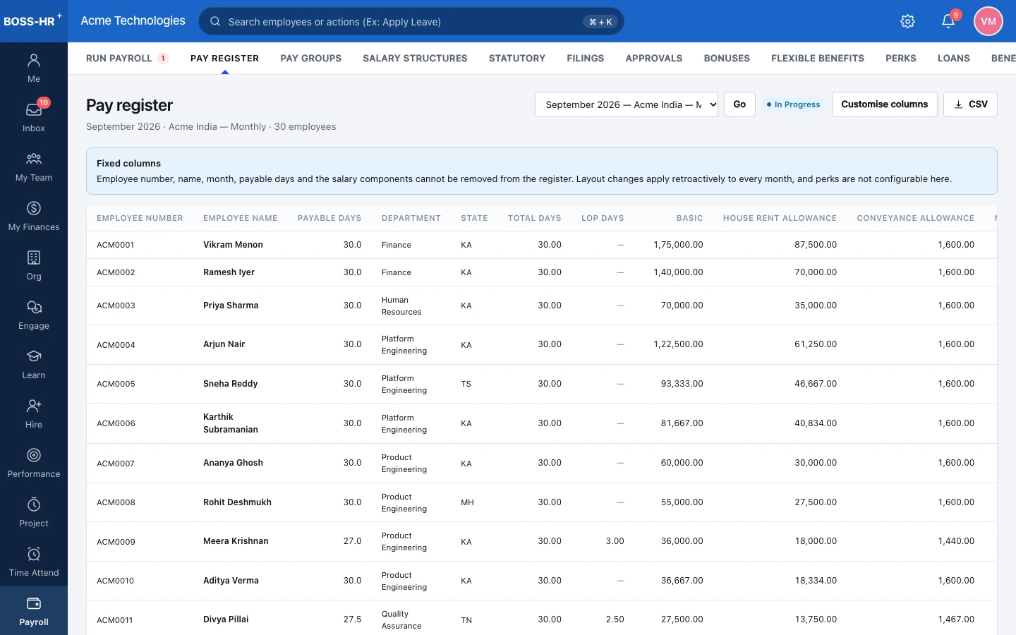 BOSS HRMS Pay register screen