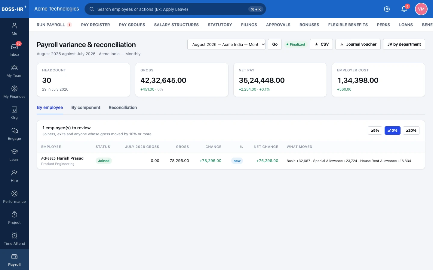 BOSS HRMS Payroll variance & reconciliation screen