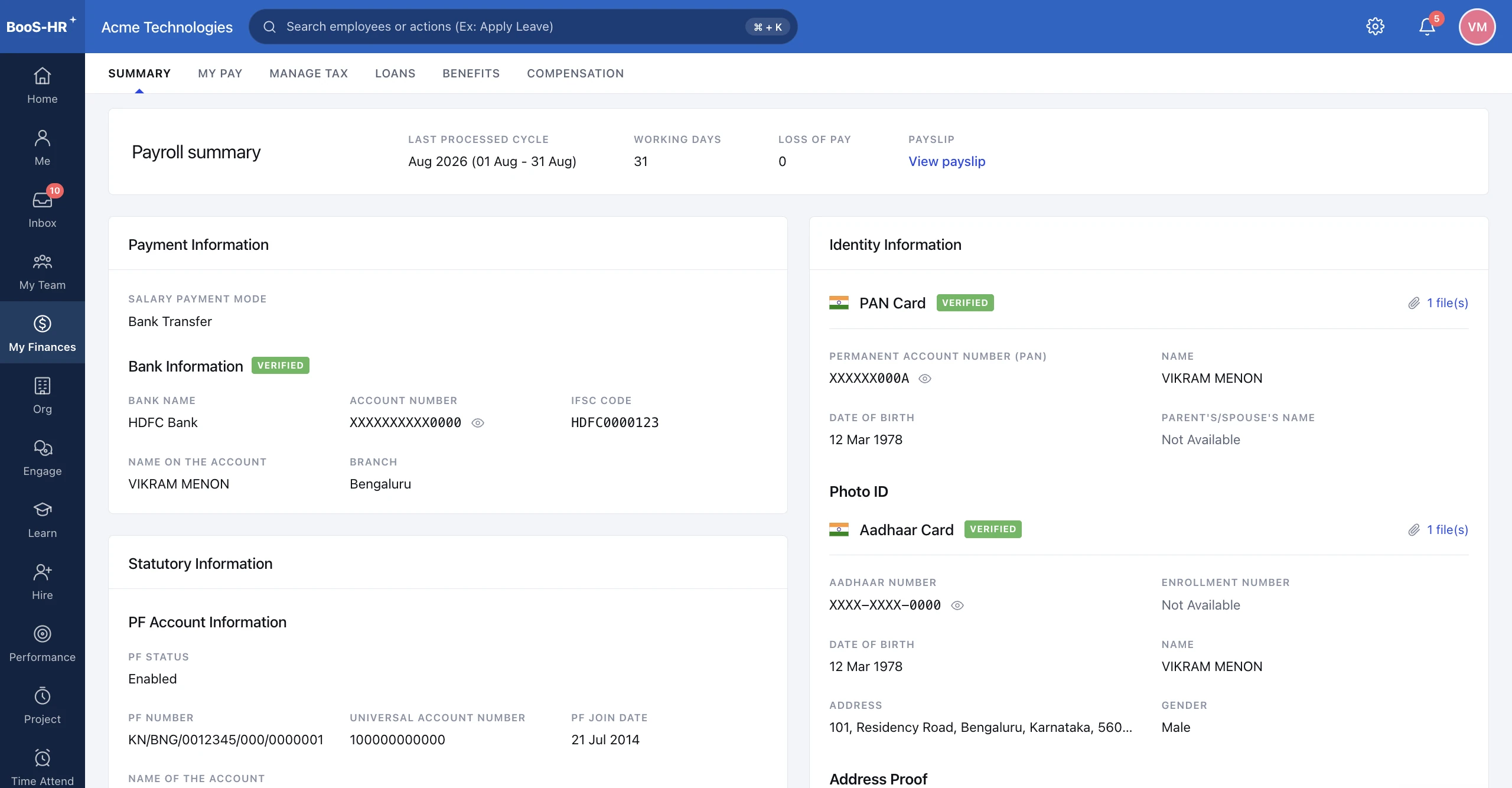 BOSS HRMS Payment & identity details screen