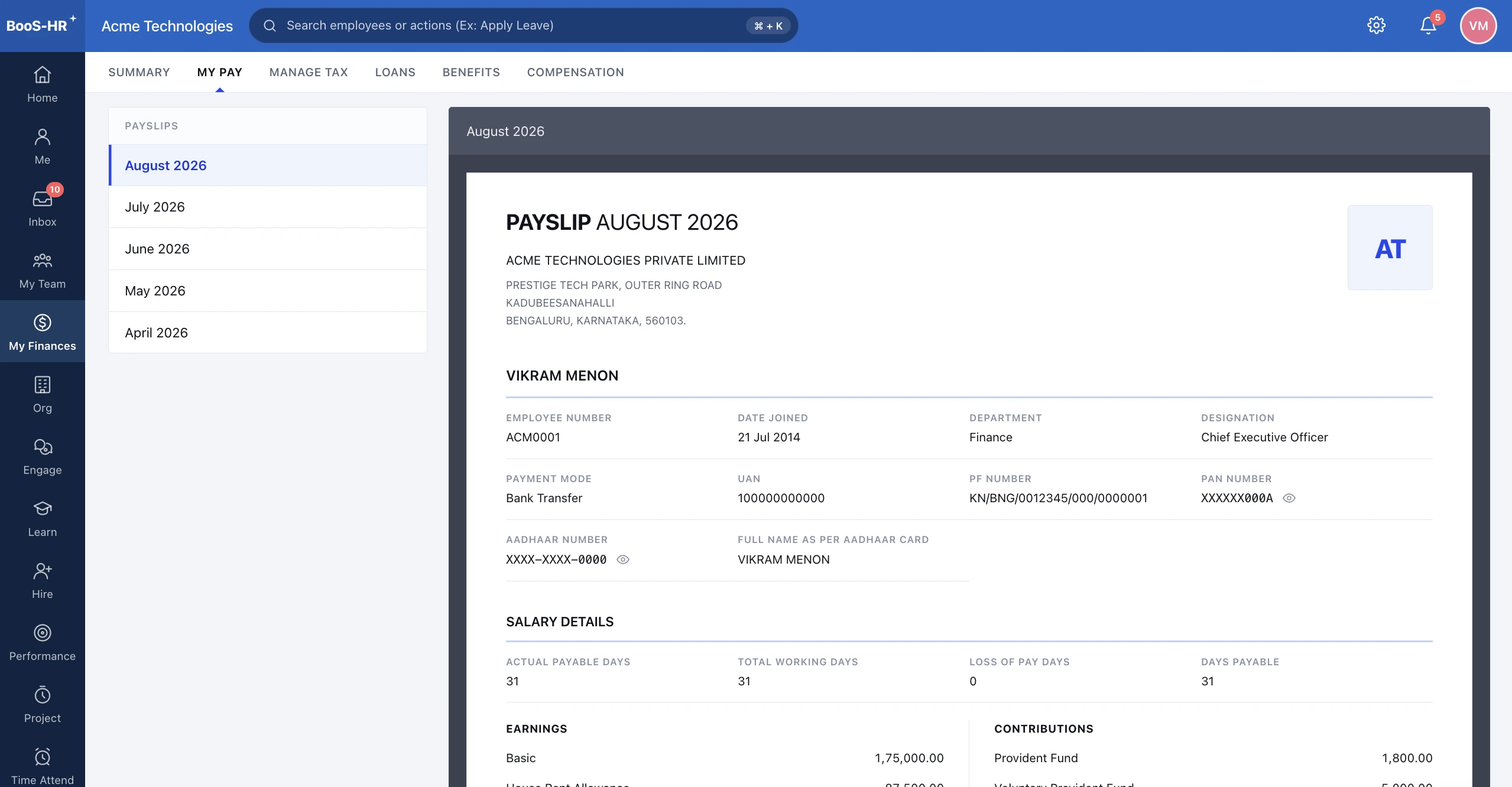BOSS HRMS Payslips screen